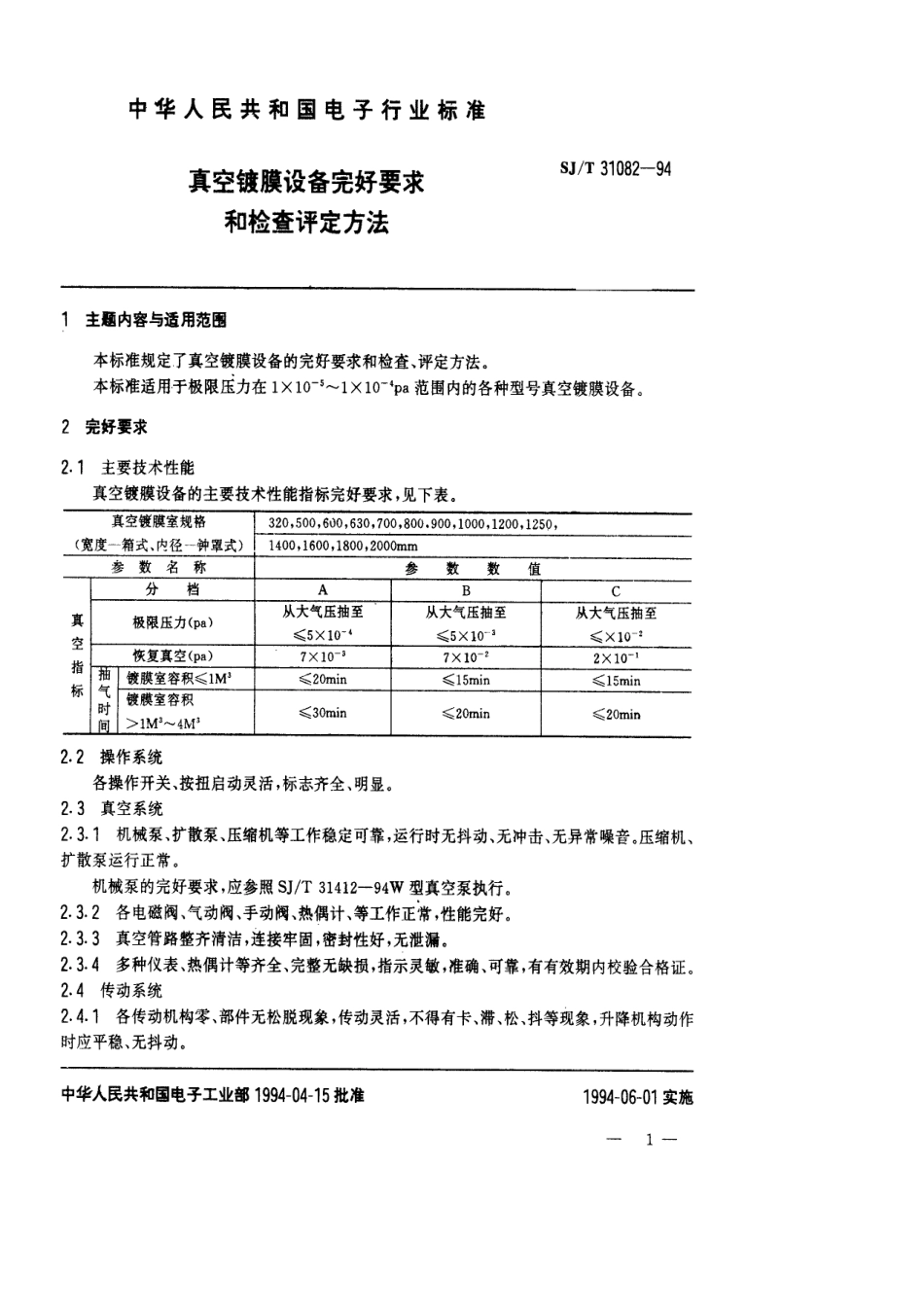 【电子行业军用标准】SJT 31082-1994 真空镀膜设备完好要求和检查评定方法.pdf_第1页