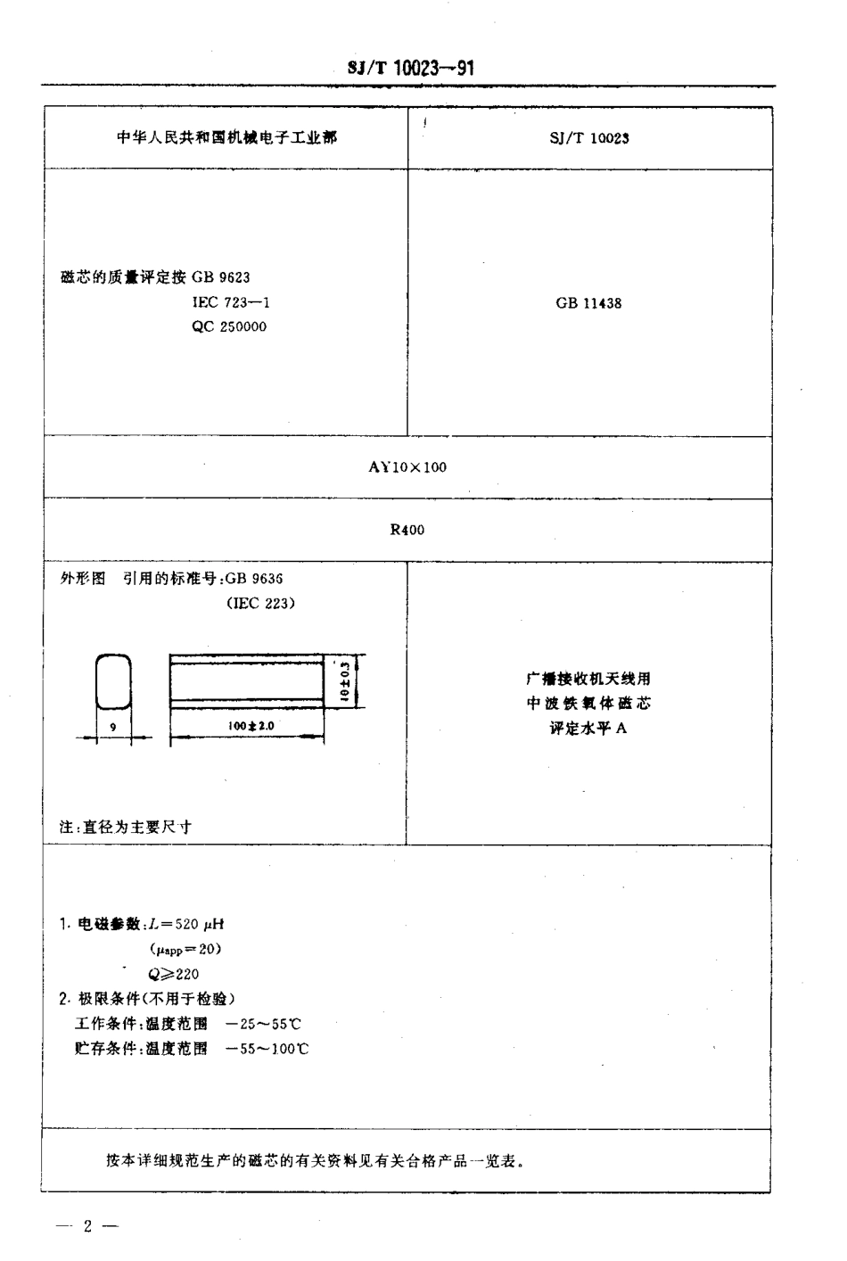 SJT 10023-1991 电子元器件详细规范 广播接收机天线用AY10x100中波铁氧体磁芯评定水平A(可供认证用).pdf_第3页