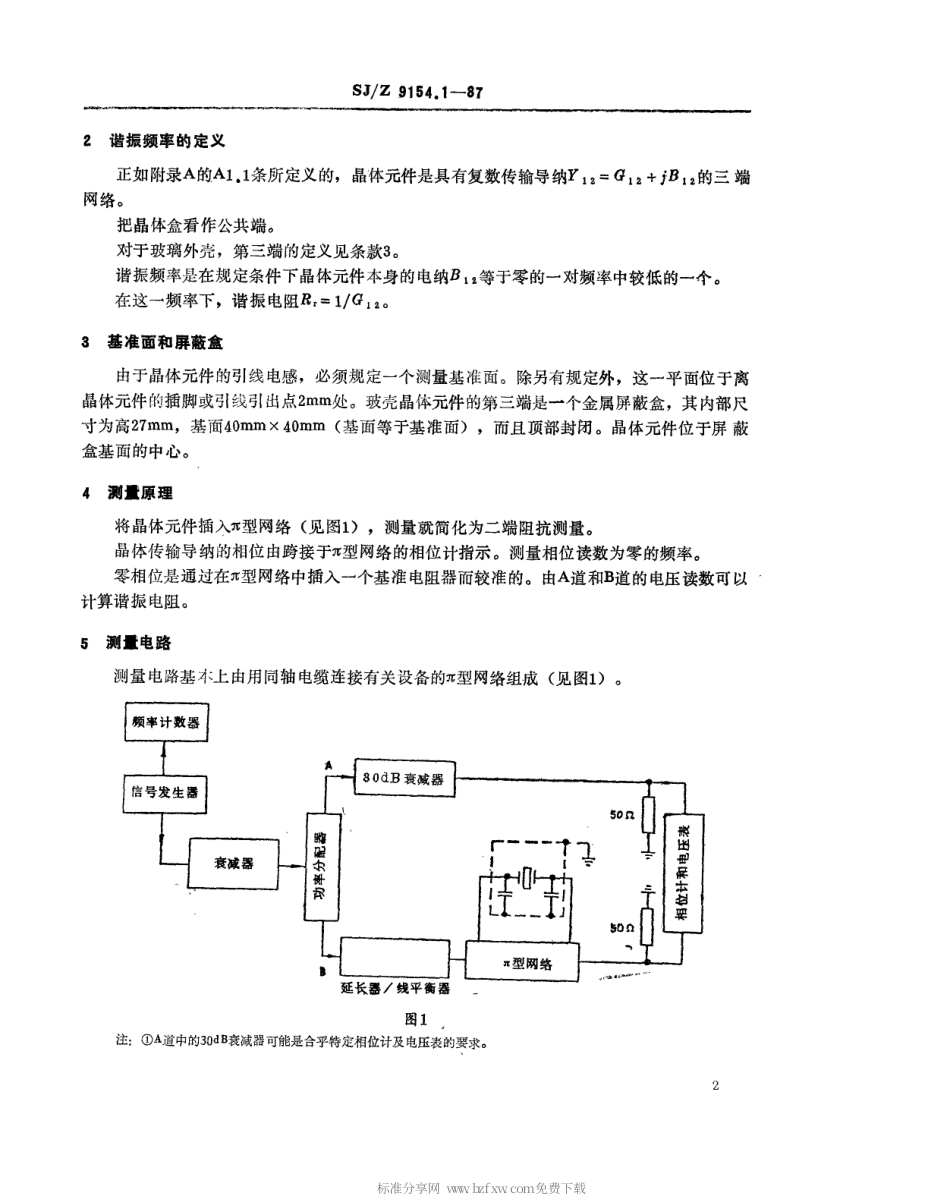 【电子行业军用标准】SJZ 9154.1-1987 用π型网络零相位法测量石英晶体元件参数 第一部分 测量石英晶体元件谐振频率和谐振电阻的基本方法.pdf_第2页
