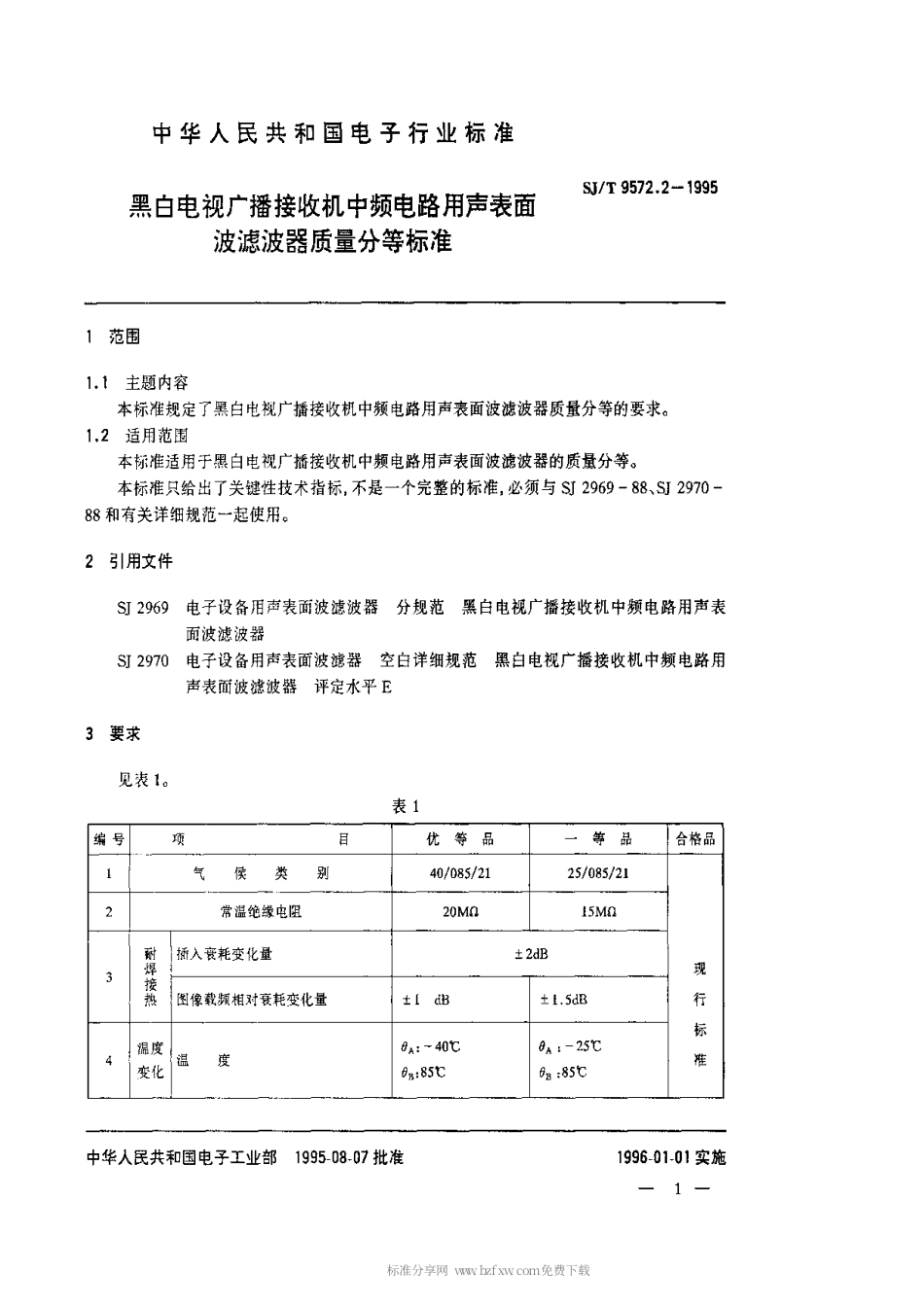 【电子行业军用标准】SJT 9572.2-1995 黑白电视广播接收机中频电路用声表面波滤波器质量等分标准.pdf_第1页