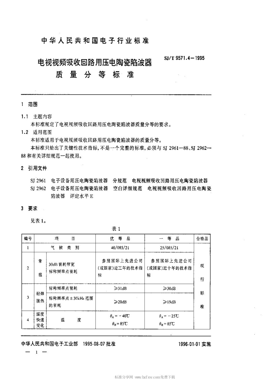 【电子行业军用标准】SJT 9571.4-1995 电视视频吸收回路用压电陶瓷陷波器质量等分标准.pdf_第1页