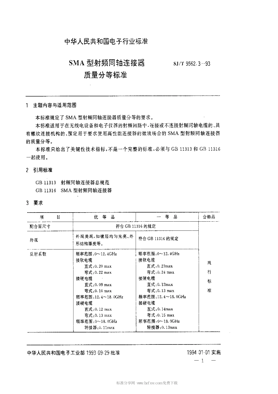 【电子行业军用标准】SJT 9562.3-1993 SMA型射频同轴连接器质量分等标准.pdf_第1页