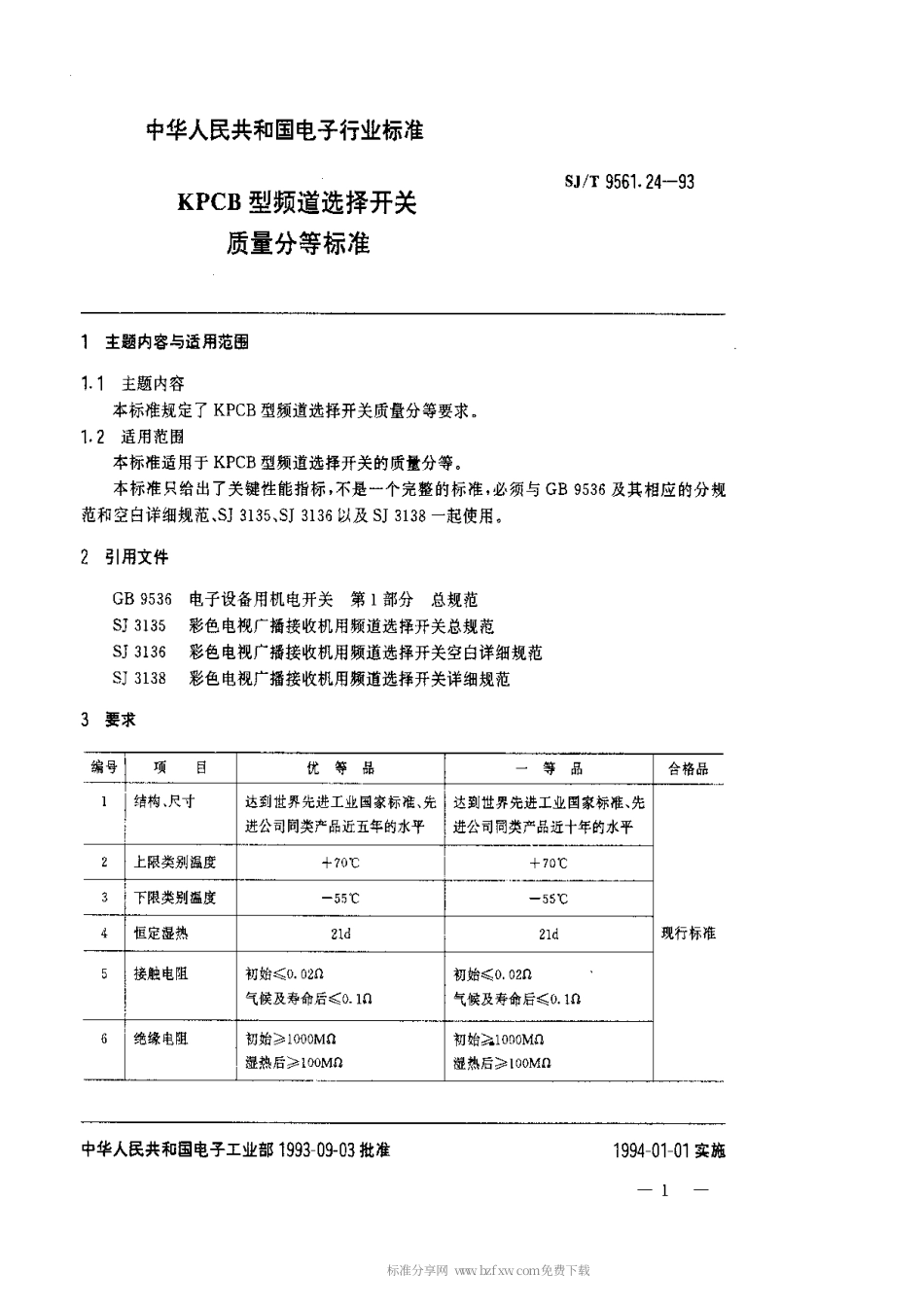 【电子行业军用标准】SJT 9561.24-1993 KPCB型频道选择开关质量分等标准.pdf_第1页