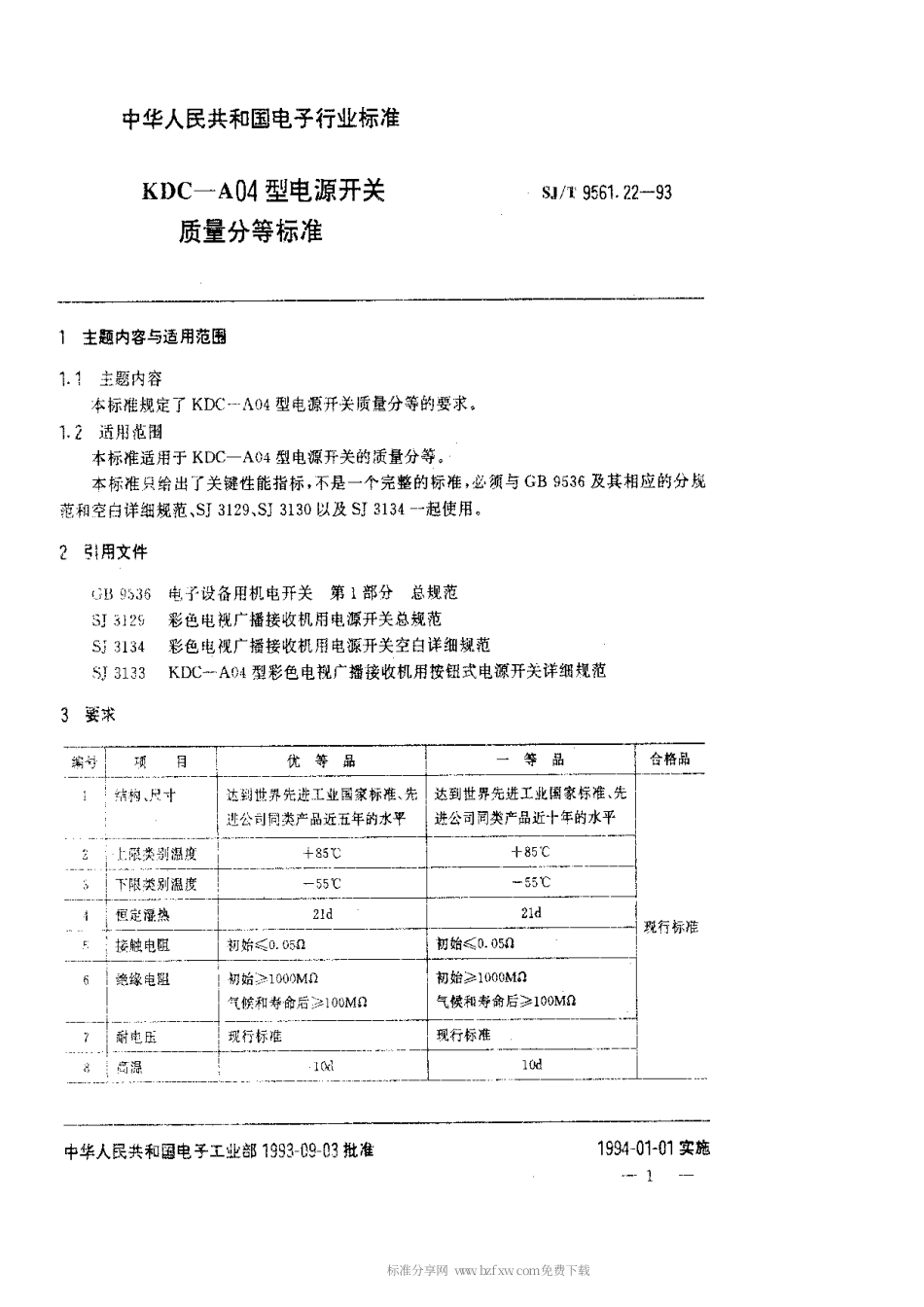 【电子行业军用标准】SJT 9561.22-1993 KDC-A04型电源开关质量分等标准.pdf_第1页