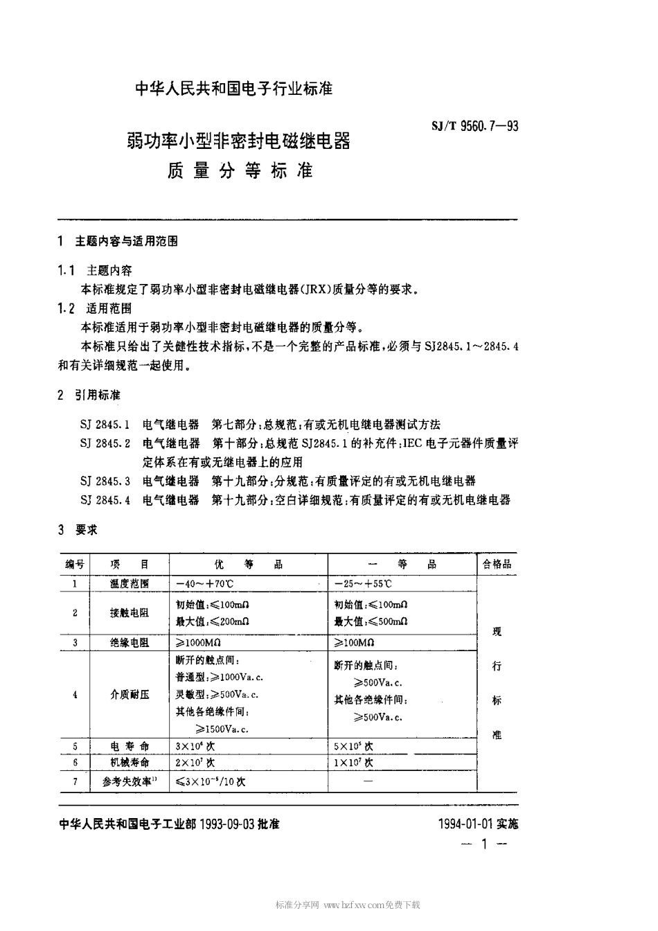 【电子行业军用标准】SJT 9560.7-1993 弱功率小型非密封电磁继电器质量分等标准.pdf_第1页