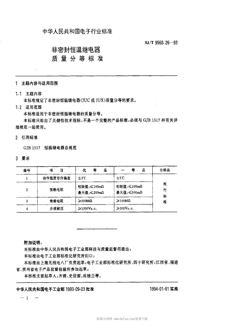 【电子行业军用标准】SJT 9560.26-1993 非密封恒温继电器质量分等标准.pdf_第1页