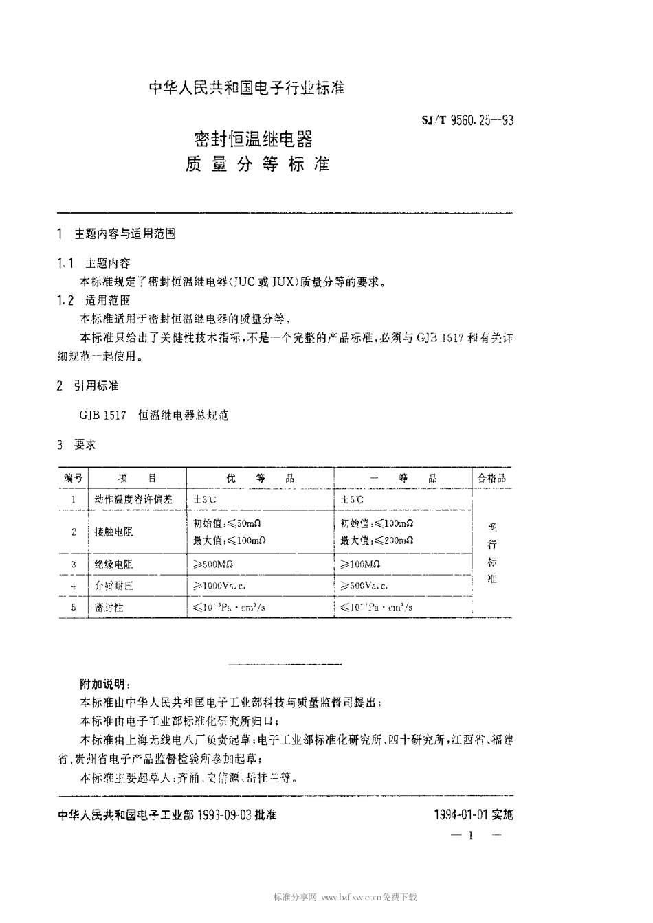 【电子行业军用标准】SJT 9560.25-1993 密封恒温继电器质量分等标准.pdf_第1页