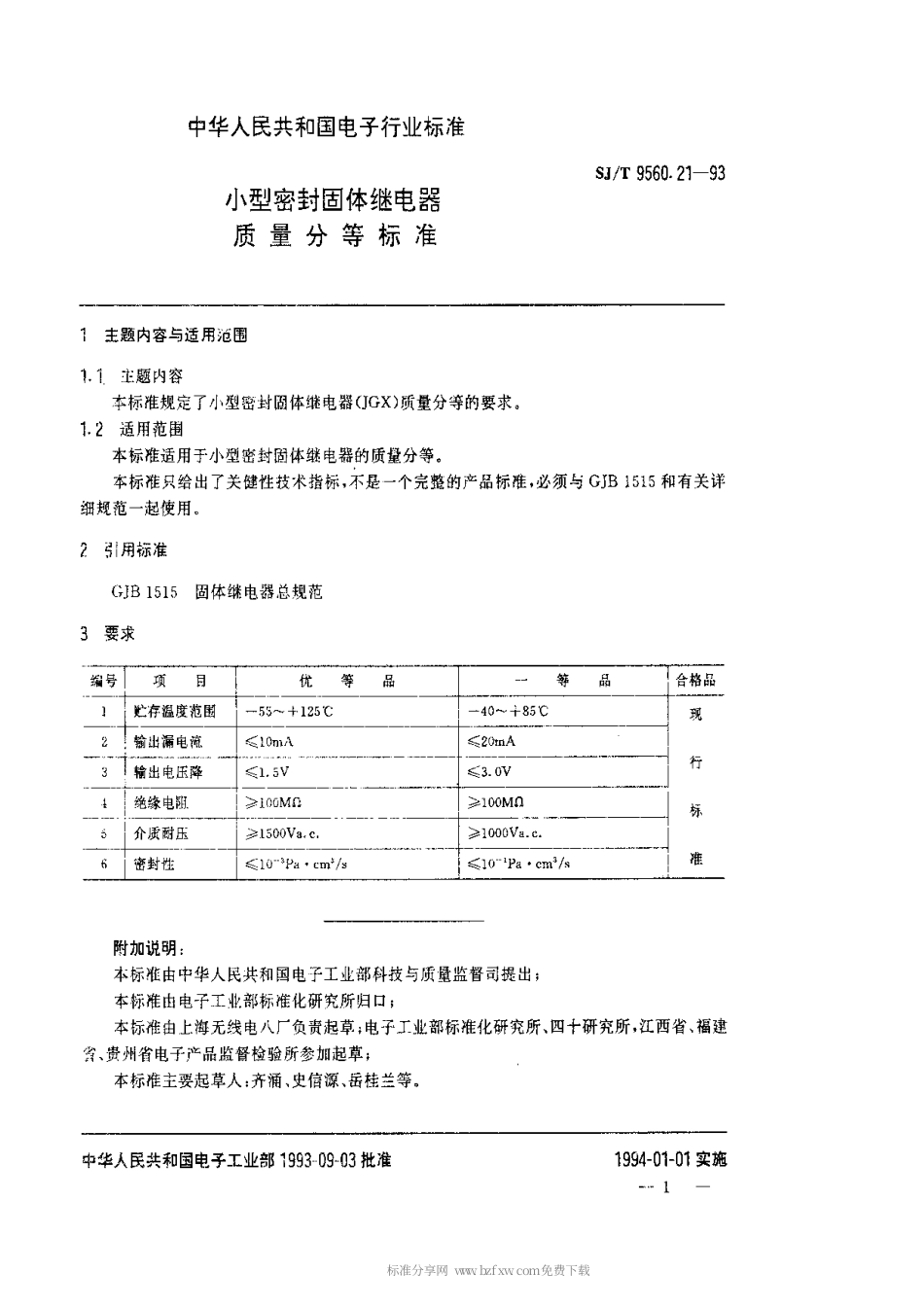 【电子行业军用标准】SJT 9560.21-1993 小型密封固体继电器质量分等标准.pdf_第1页