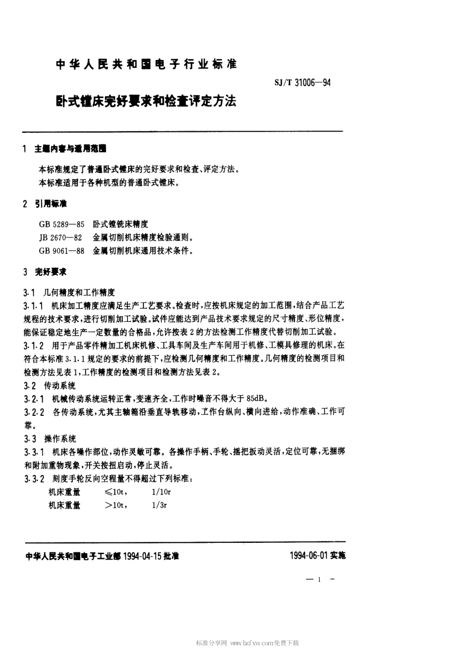 【电子行业军用标准】SJT 31006-1994 卧式镗床完好要求和检查评定方法.pdf_第1页