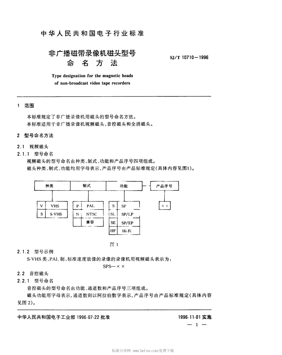 【电子行业军用标准】SJT 10710-1996 非广播磁带录像机磁头型号命名方法.pdf_第3页