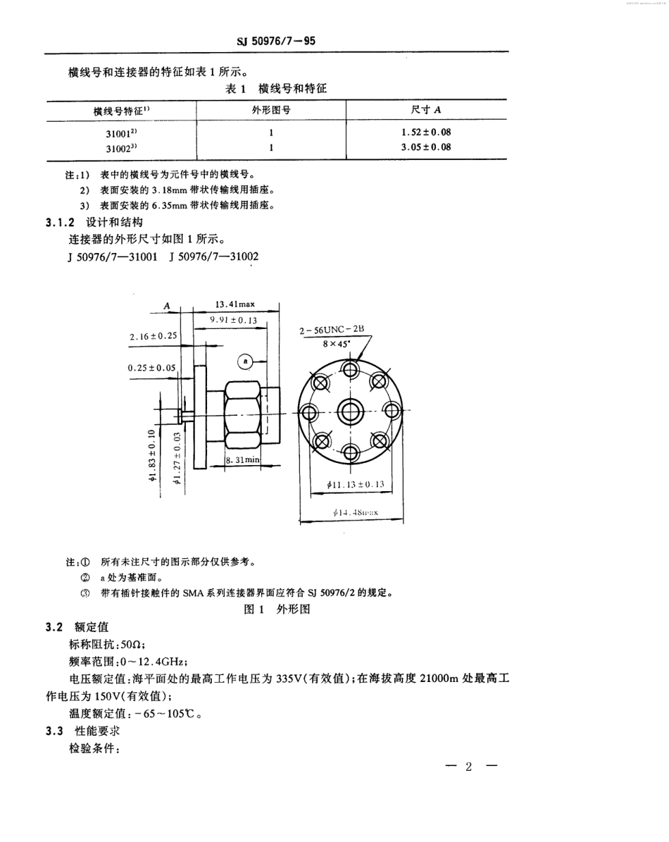 SJ 50976.7-1995 SMA系列(带状线或微带传输线用)插针接触件8孔表面装接射频同轴插座连接器详细规范.pdf_第2页