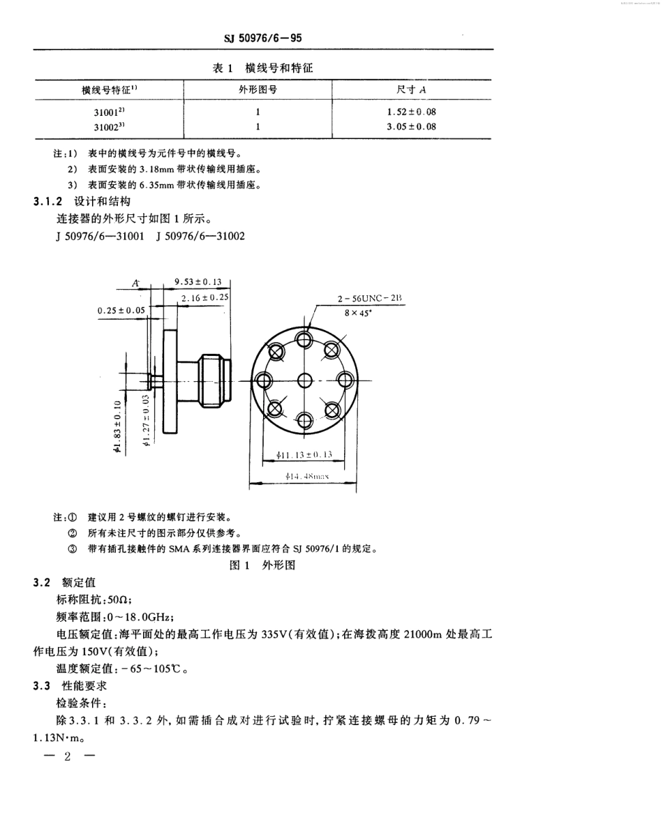 SJ 50976.6-1995 SMA系列(带状线或微带传输线用)插孔接触件8孔表面装接射频同轴插座连接器详细规范.pdf_第2页