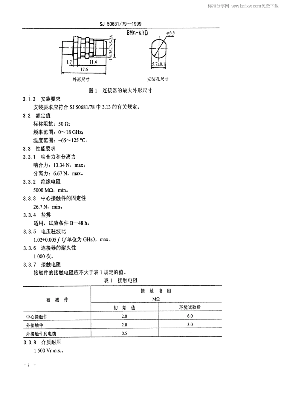 SJ 50681.79-1999 BMA-JYB3型(接半硬电缆)插针接触件螺纹安装射频同轴插座连接器详细规范.pdf_第2页
