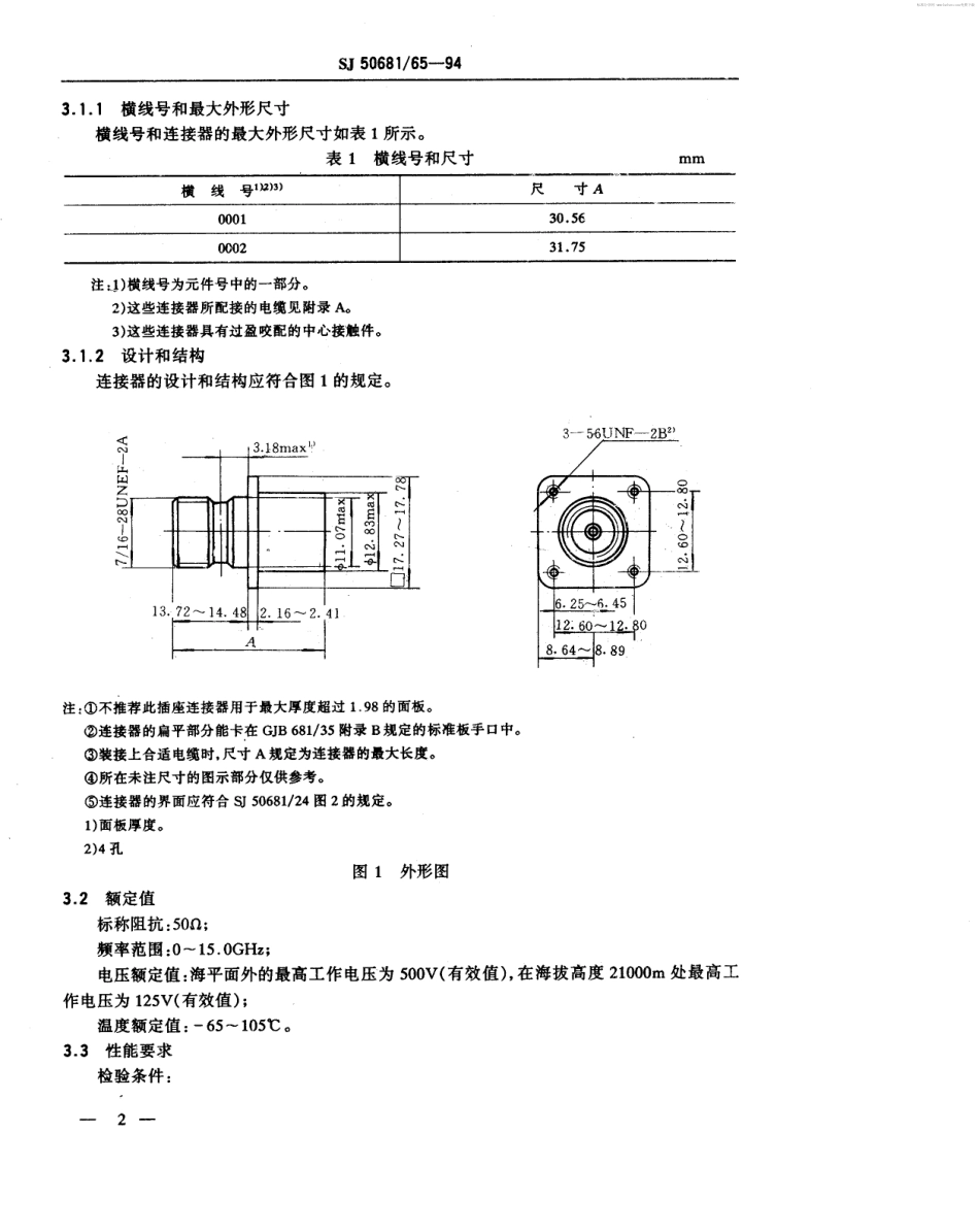 SJ 50681.65-1994 TNC系列(接半硬电缆)插孔接触件法兰安装2级射频同轴插座连接器详细规范.pdf_第2页