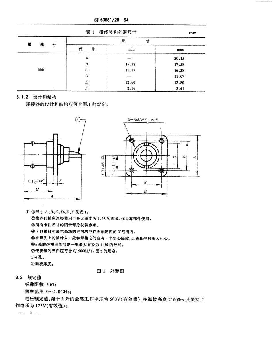 SJ 50681.20-1994 BNC系列(不接电缆)插孔接触件法兰安装2级射频同轴插座连接器详细规范.pdf_第2页
