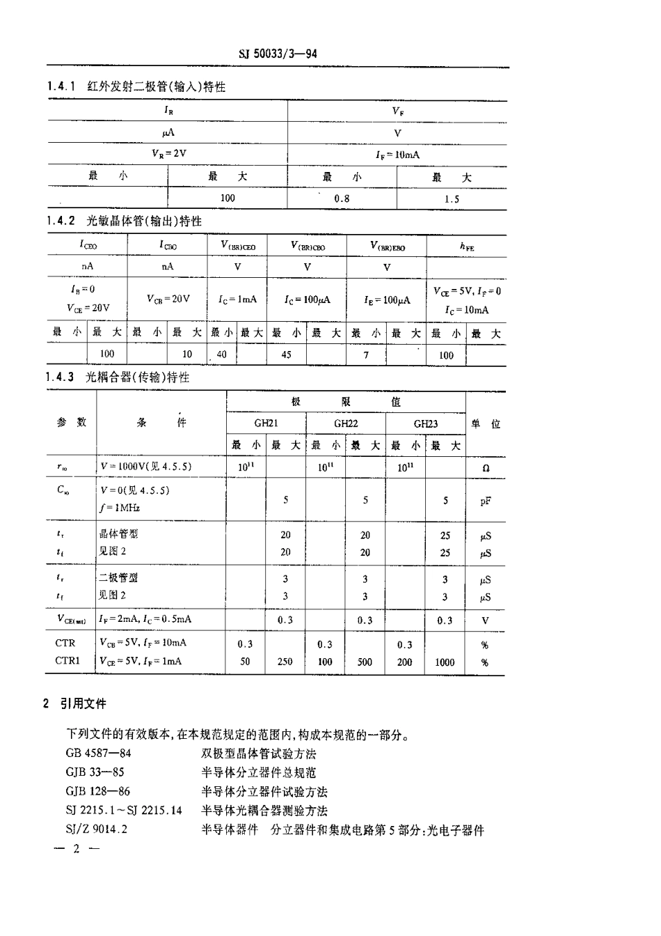 【电子行业军用标准】SJ 50033.3-1994 半导体分立器件.GP、GT和GCT级GH21、GH22和GH23型半导体光耦合器详细规范.pdf_第3页