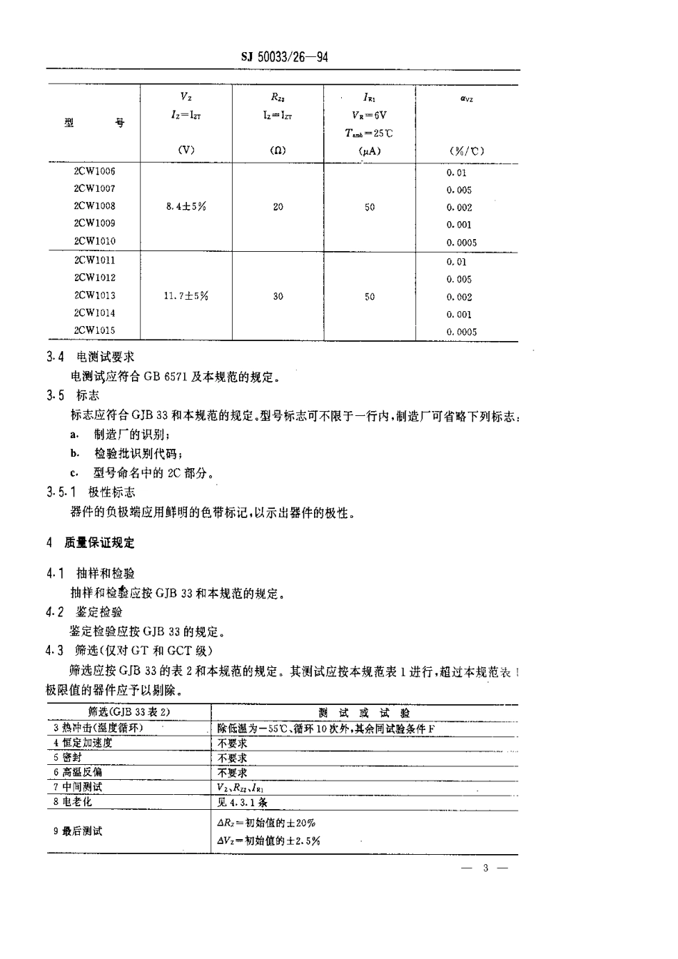 【电子行业军用标准】SJ 50033.26-1994 半导体分立器件2CW1006～2CW1015型硅电压调整二极管详细规范.pdf_第3页