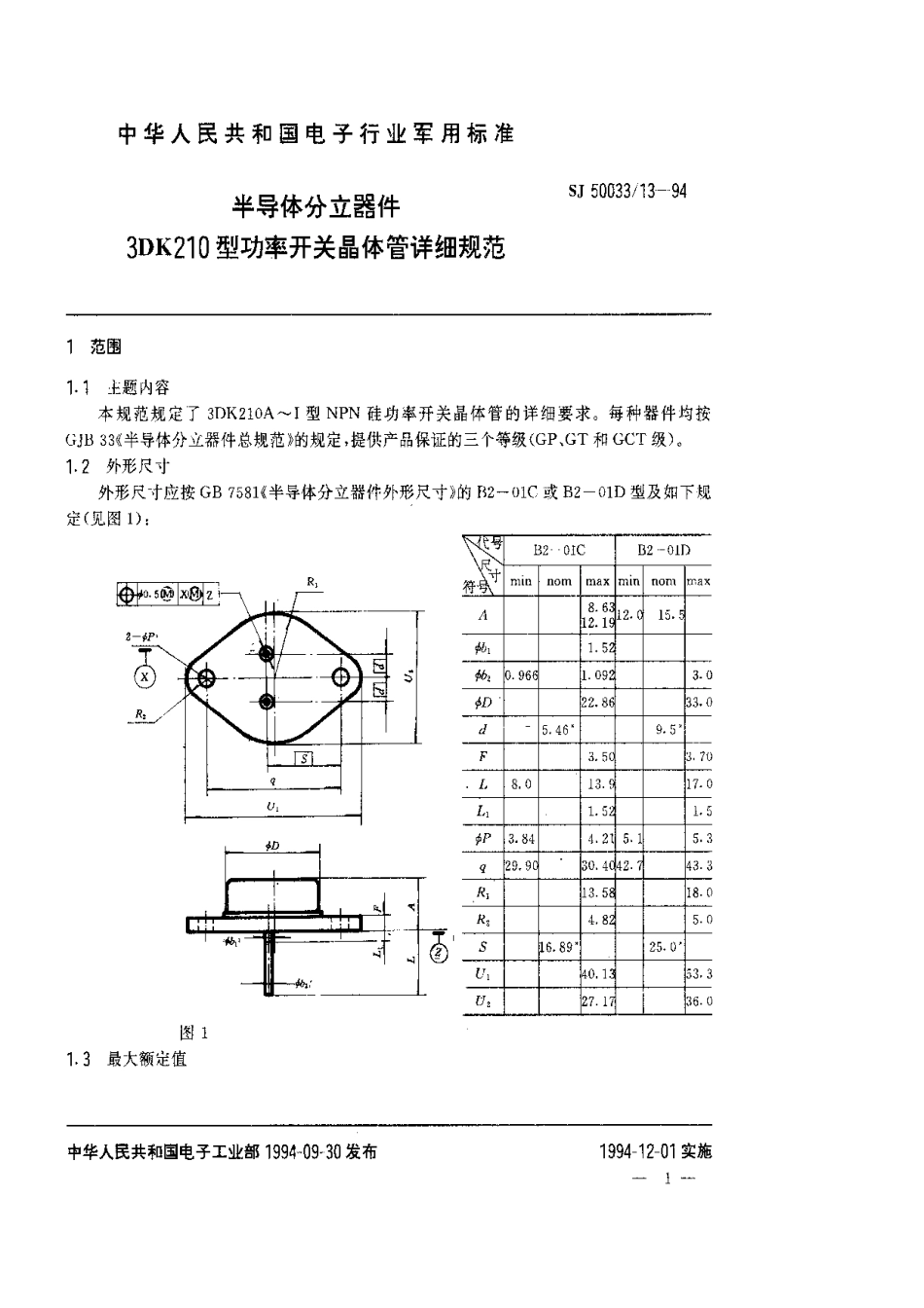 【电子行业军用标准】SJ 50033.13-1994 半导体分立器件.3DK210型功率开关晶体管详细规范.pdf_第1页