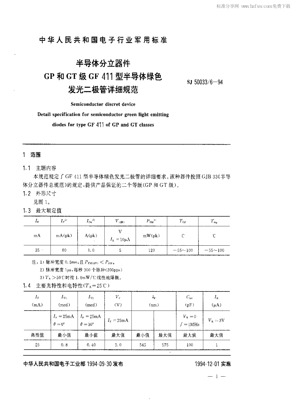 【电子行业军用标准】SJ 50033.6-1994 半导体分立器件.GP和GT级GF 411型半导体绿色发光二极管详细规范.pdf_第2页