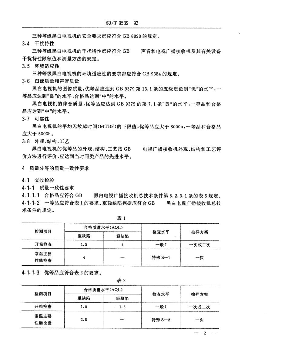 【电子行业军用标准】SJT 9539-1993 黑白电视广播接收机产品质量分等标准.pdf_第2页