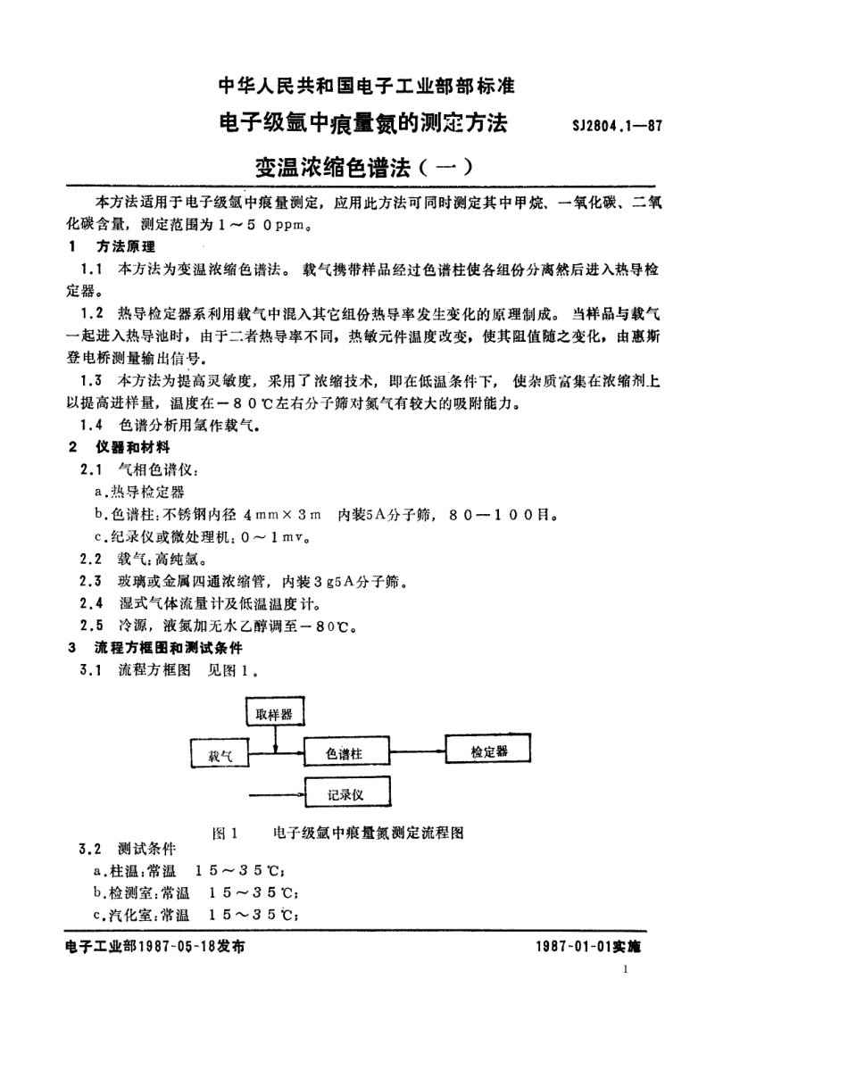 SJ 2804.1-1987 电子级氩中痕量氮测定方法 变温浓缩色谱法(一).pdf_第1页