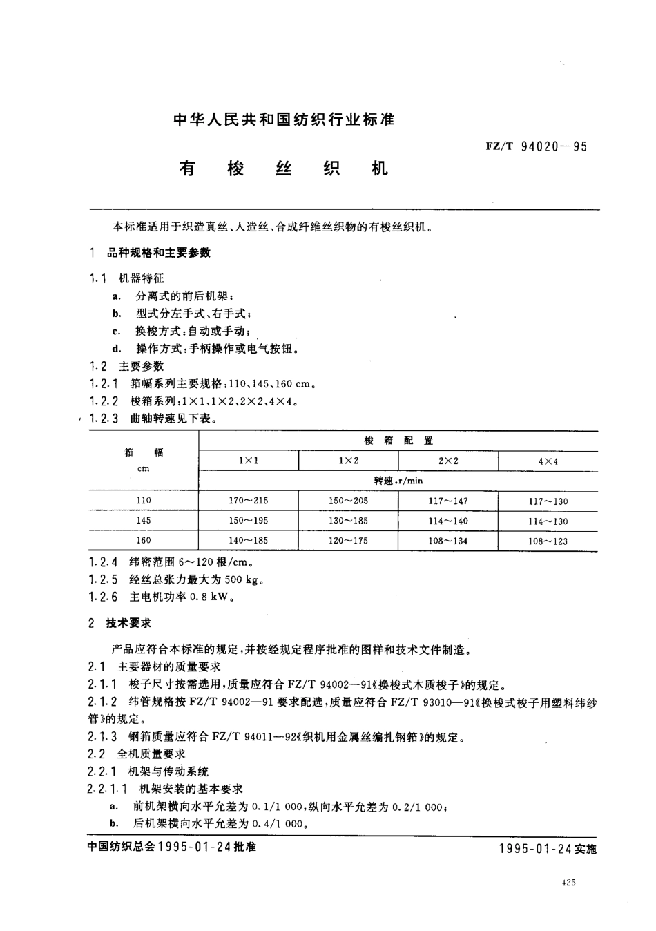 【纺织行业标准】FZT 94020-1995 有梭丝织机.pdf_第1页