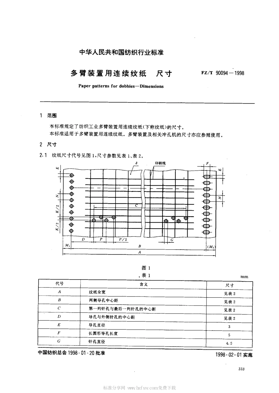 【纺织行业标准】FZT 90094-1998 多臂装置用连续纹纸尺寸.pdf_第2页