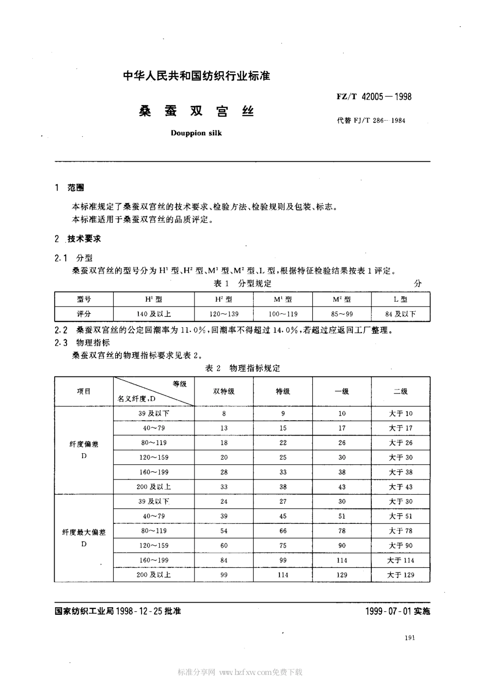 【纺织行业标准】FZT 42005-1998 桑蚕双宫丝.pdf_第2页