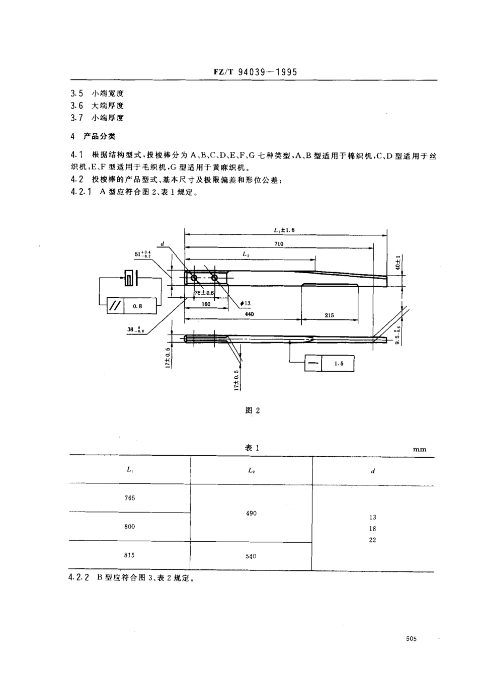 【纺织行业标准】FZT 94039-1995 有梭织机用层压木投梭棒.pdf_第2页