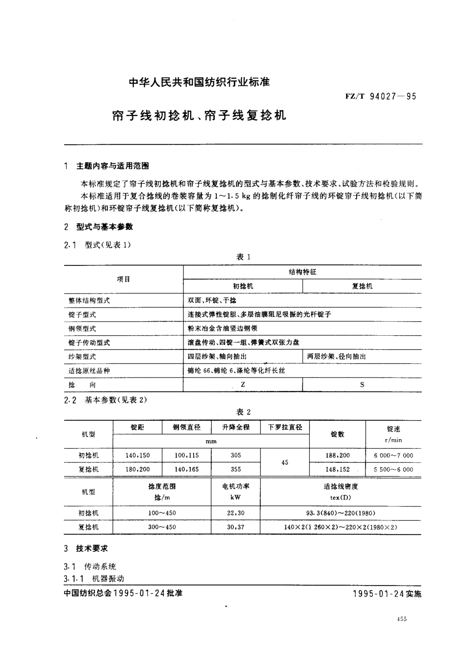 【纺织行业标准】FZT 94027-1995 帘子线初捻机、帘子线复捻机.pdf_第1页