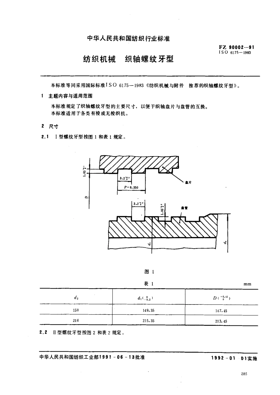 FZ 90002-1991 纺织机械织轴螺纹牙型.pdf_第1页
