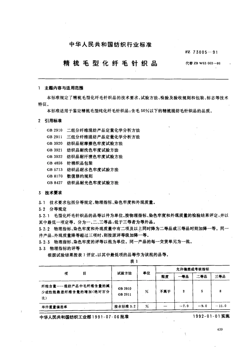 FZ 73005-1991 精梳毛型化纤毛针织品.pdf_第1页