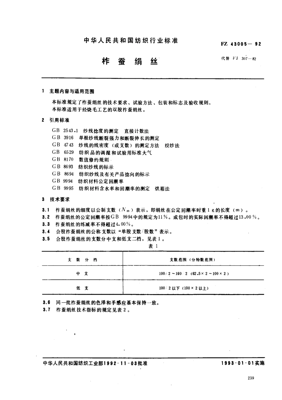FZ 43005-1992 柞蚕绢丝.pdf_第1页