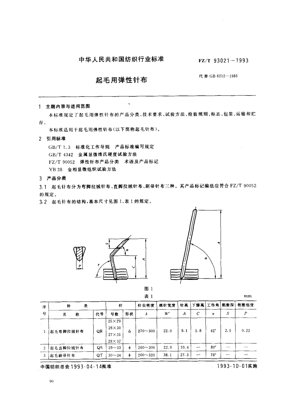 【纺织行业标准】FZT 93021-1993 起毛用弹性针布.pdf_第1页
