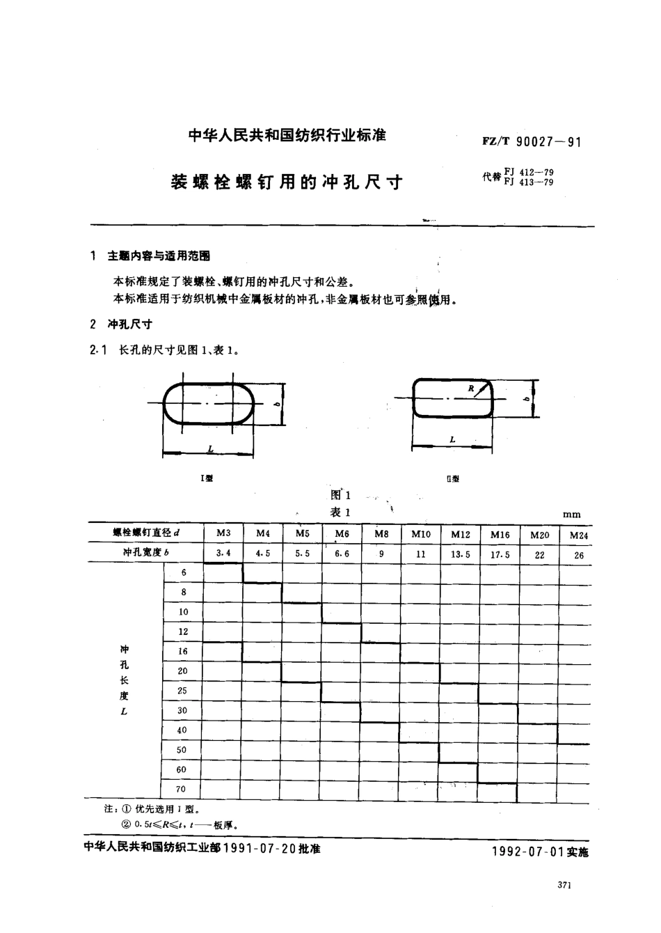 【纺织行业标准】FZT 90027-1991 装螺栓螺钉用的冲孔尺寸.pdf_第1页