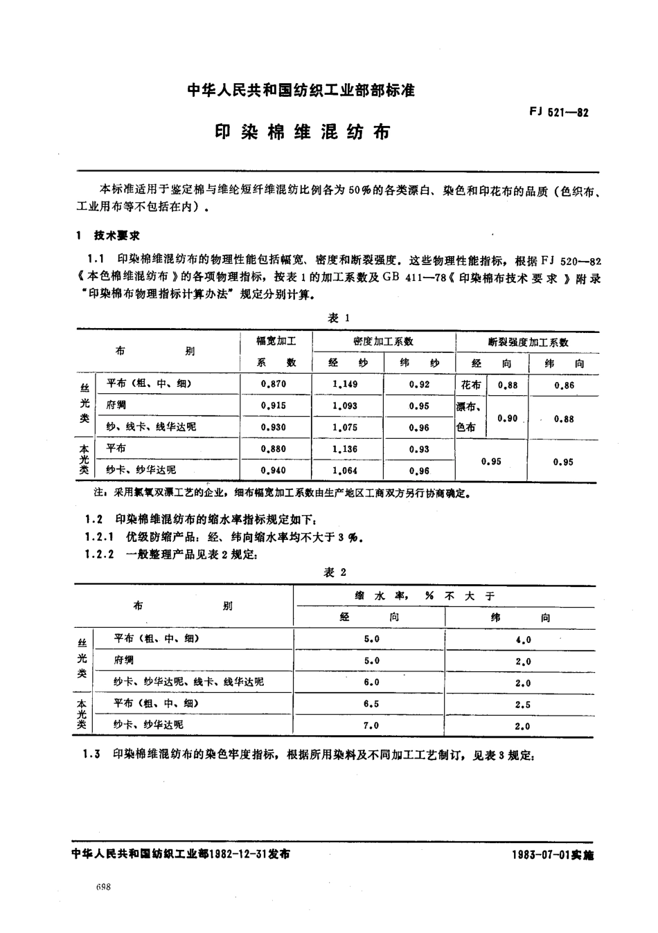 FJ 521-1982 印染棉维混纺布.pdf_第1页