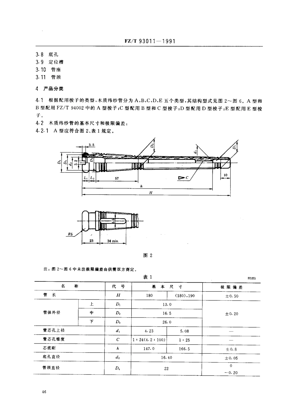 【纺织行业标准】FZT 93011-1991 换梭式梭子用木质纬纱管.PDF_第2页
