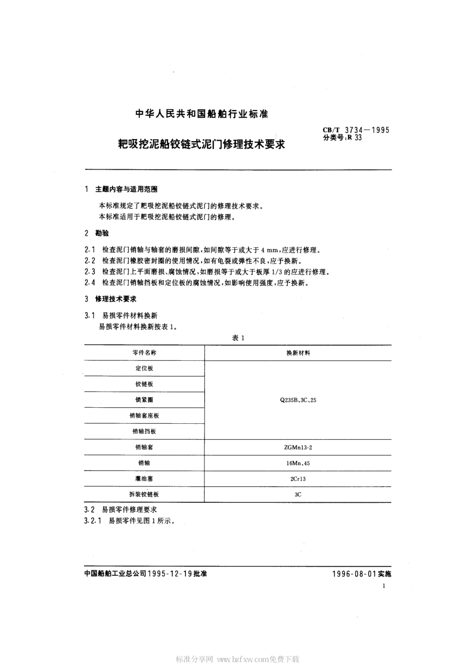 【船舶行业标准】CBT 3734-1995 耙吸挖泥船绞链式泥门修理技术要求.pdf_第2页