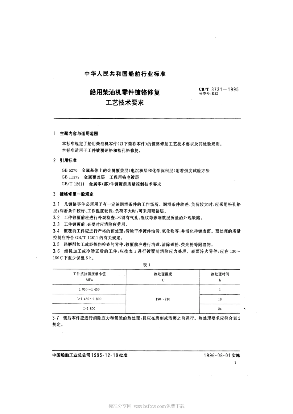 【船舶行业标准】CBT 3731-1995 船用柴油机零件镀铬修复工艺技术要求.pdf_第2页