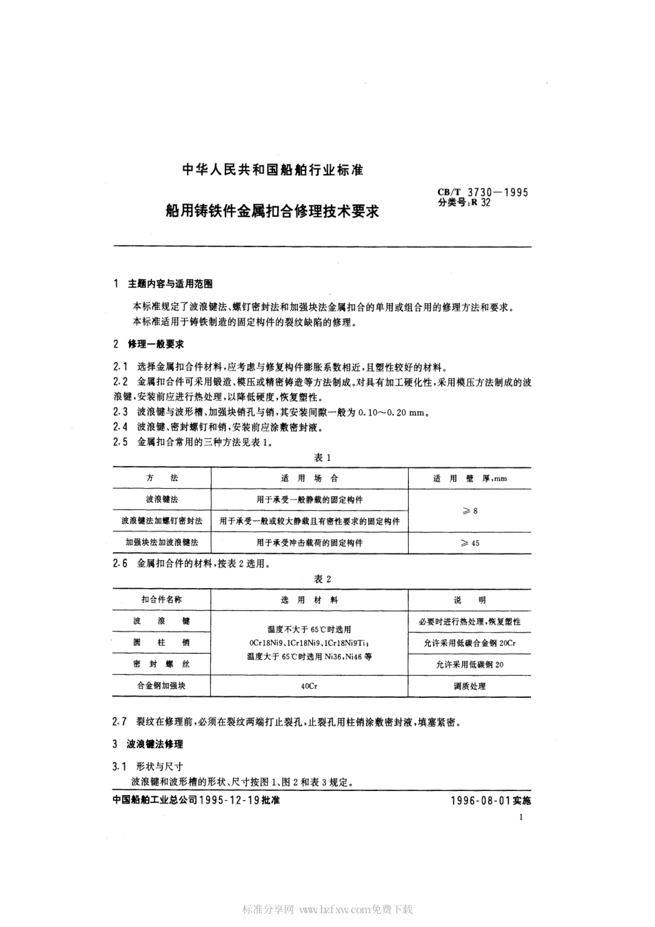 【船舶行业标准】CBT 3730-1995 船用铸铁件金属扣合修理技术要求.pdf_第2页