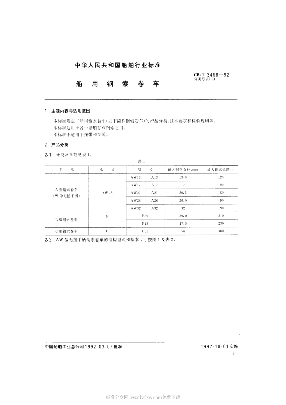 【船舶行业标准】CBT 3468-1992 船用钢索卷车.pdf_第2页