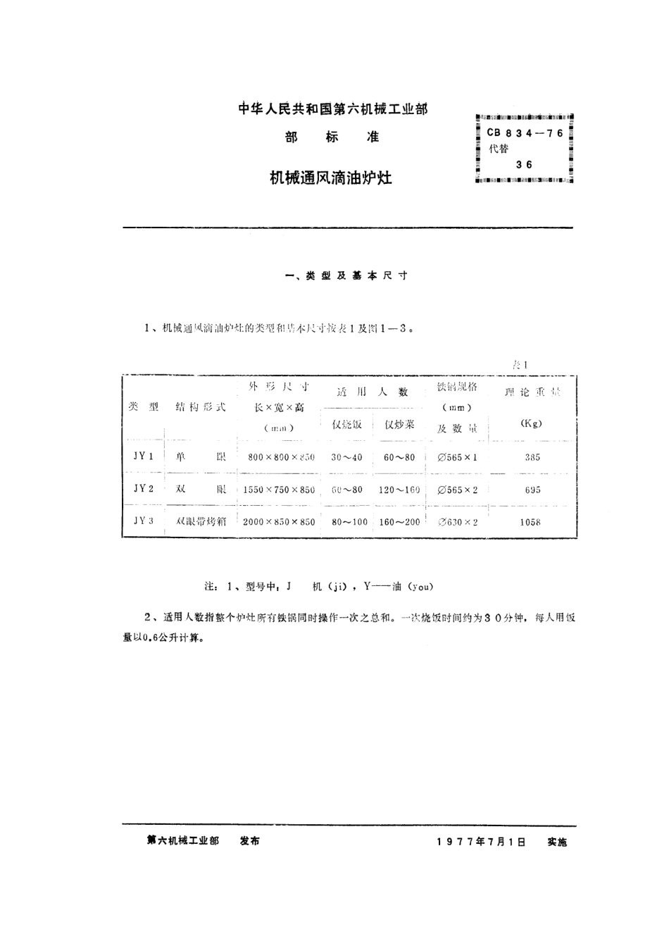 CB 834-1976 机械通风滴油炉灶.pdf_第1页