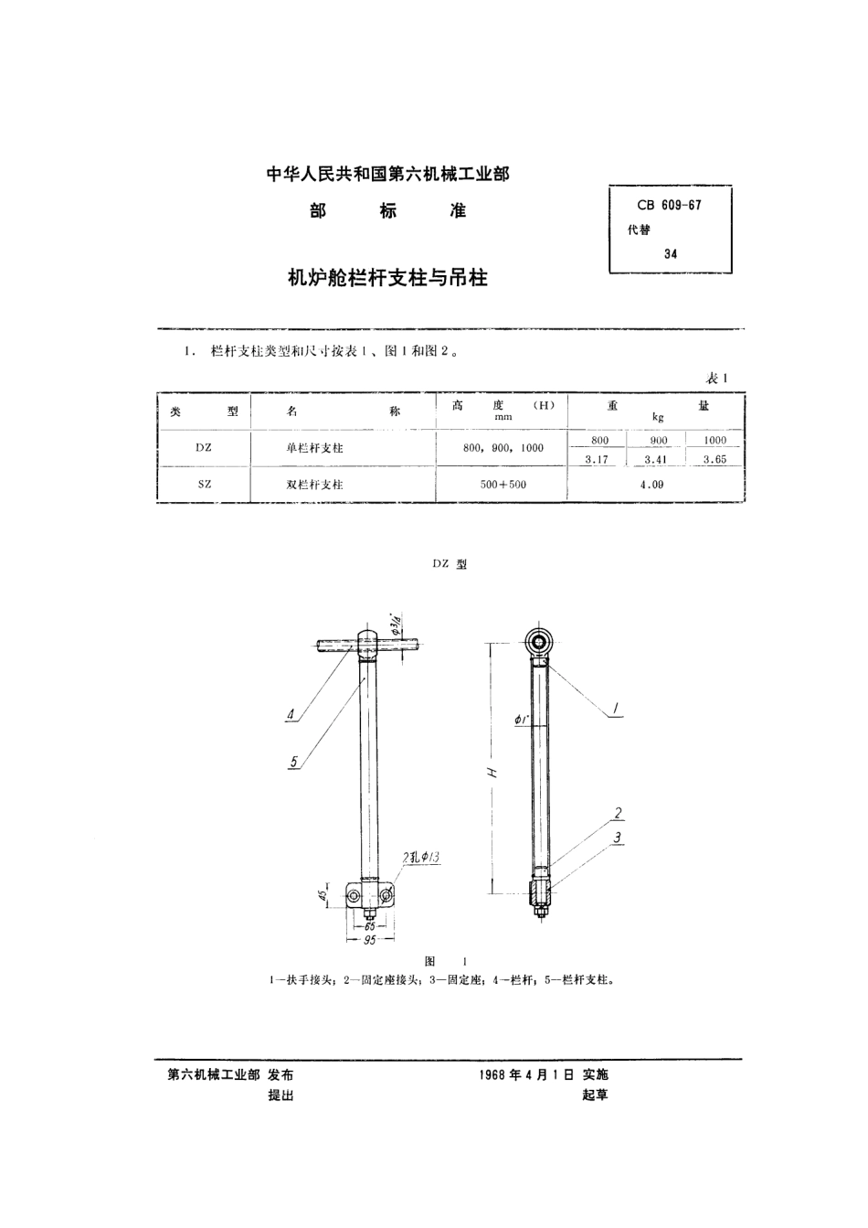 CB 609-1967 机炉舱栏杆支柱与吊柱.pdf_第1页
