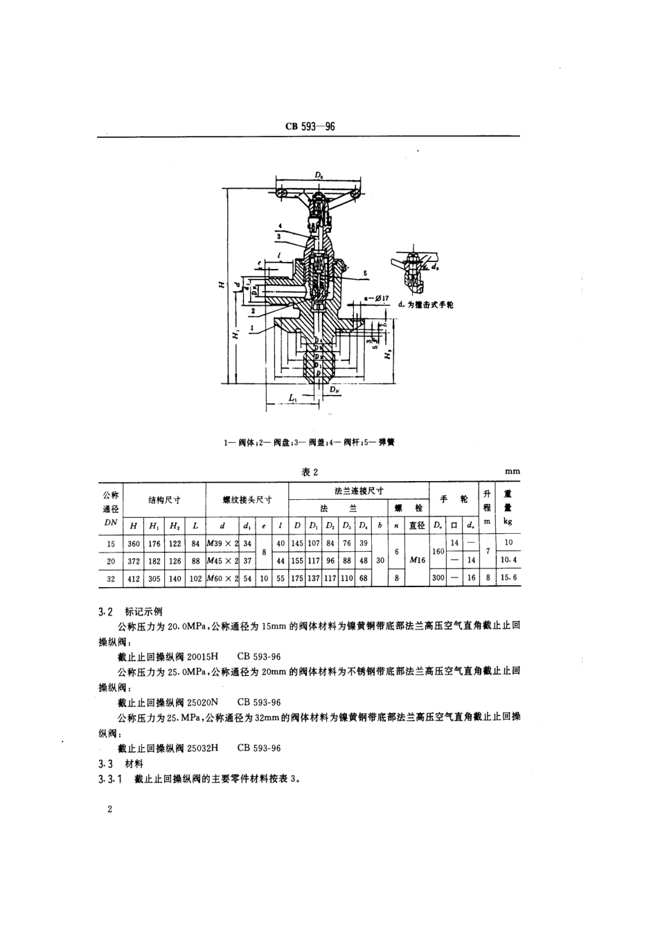 CB 593-1996 带底部法兰高压空气直角截止止回操纵阀规范.pdf_第3页