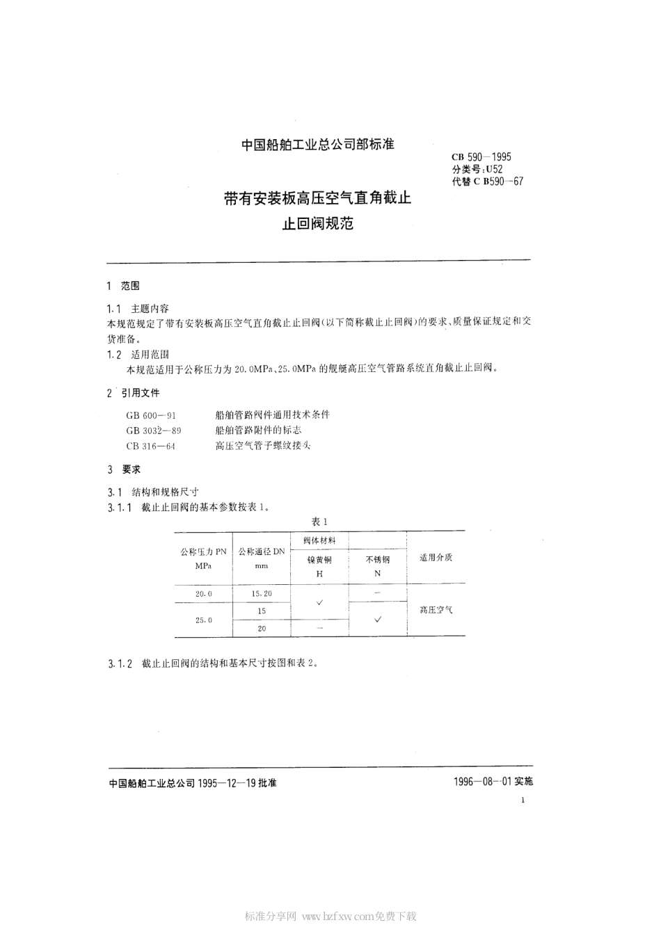 CB 590-1995 带有安装板高压空气直角截止止回阀规范.pdf_第2页
