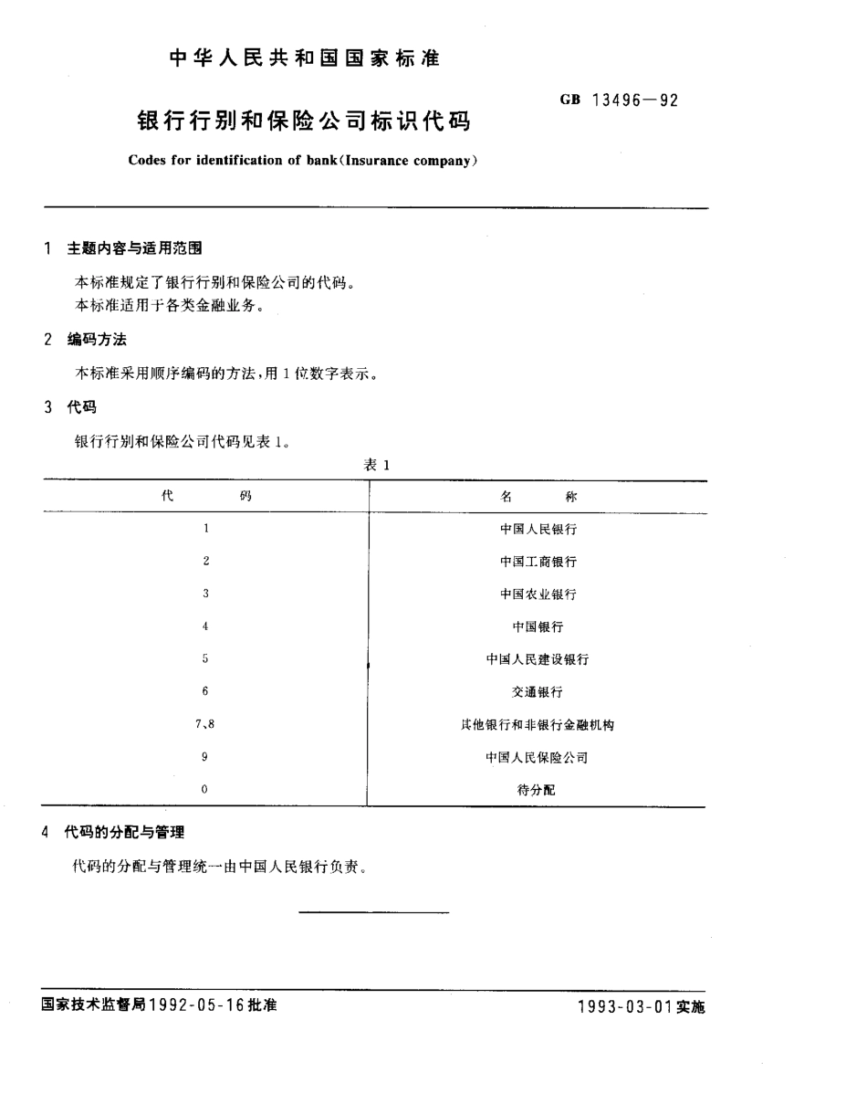 GBT 13496-1992 银行行别和保险公司标识代码.pdf_第1页