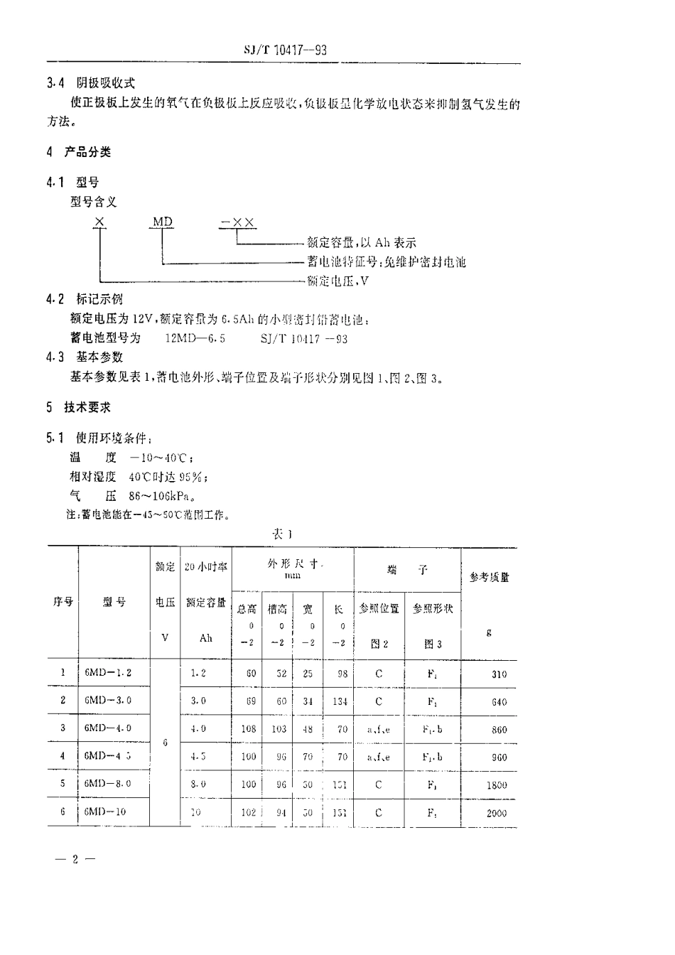 【电子行业军用标准】SJT 10417-1993 6V、12V小型密封铅蓄电池.pdf_第3页