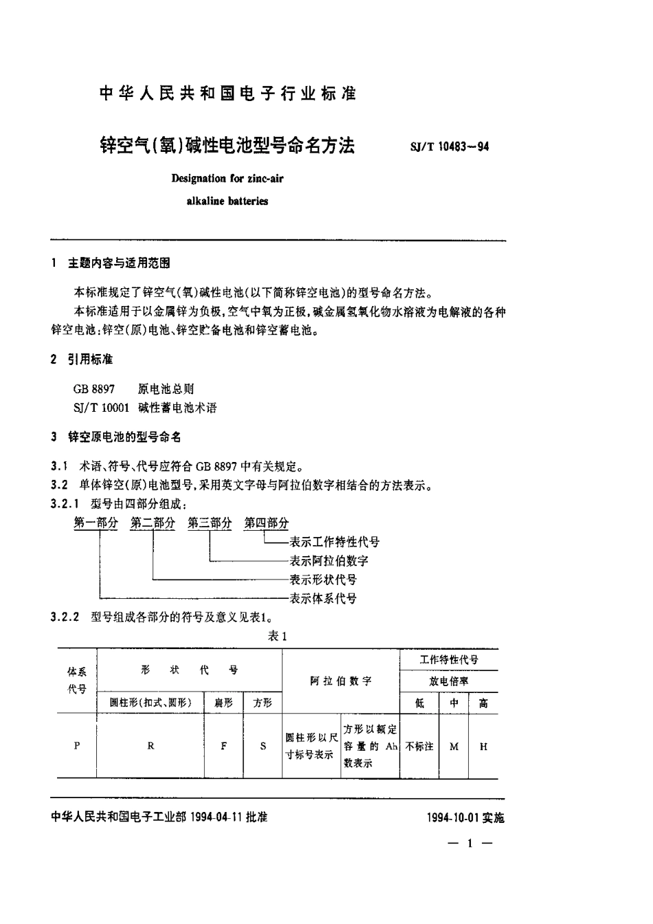 【电子行业军用标准】SJT 10483-1994 锌空气(氧)碱性电池型号命名方法.pdf_第2页