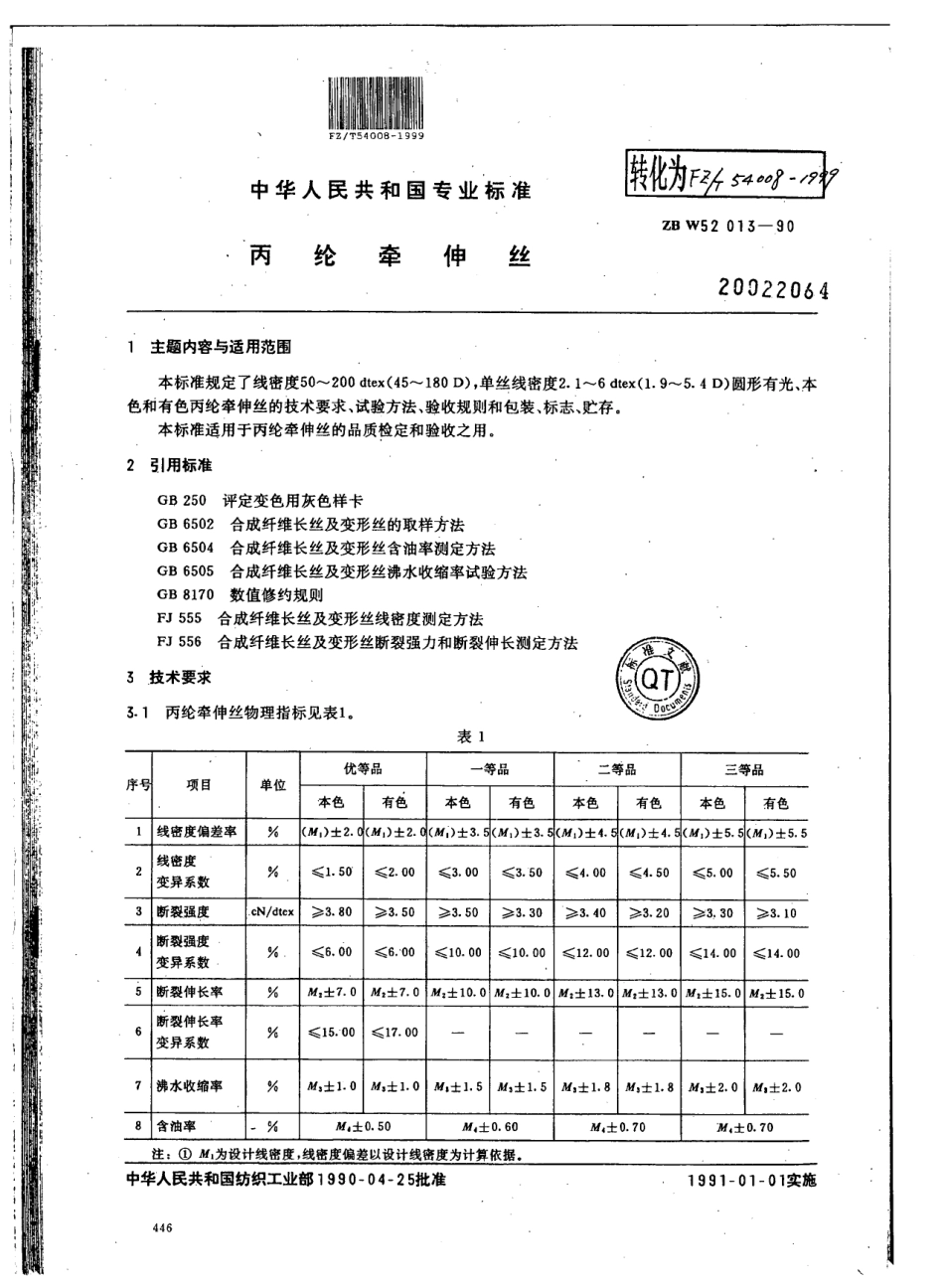 【纺织行业标准】FZT 54008-1999 丙纶牵伸丝.pdf_第1页