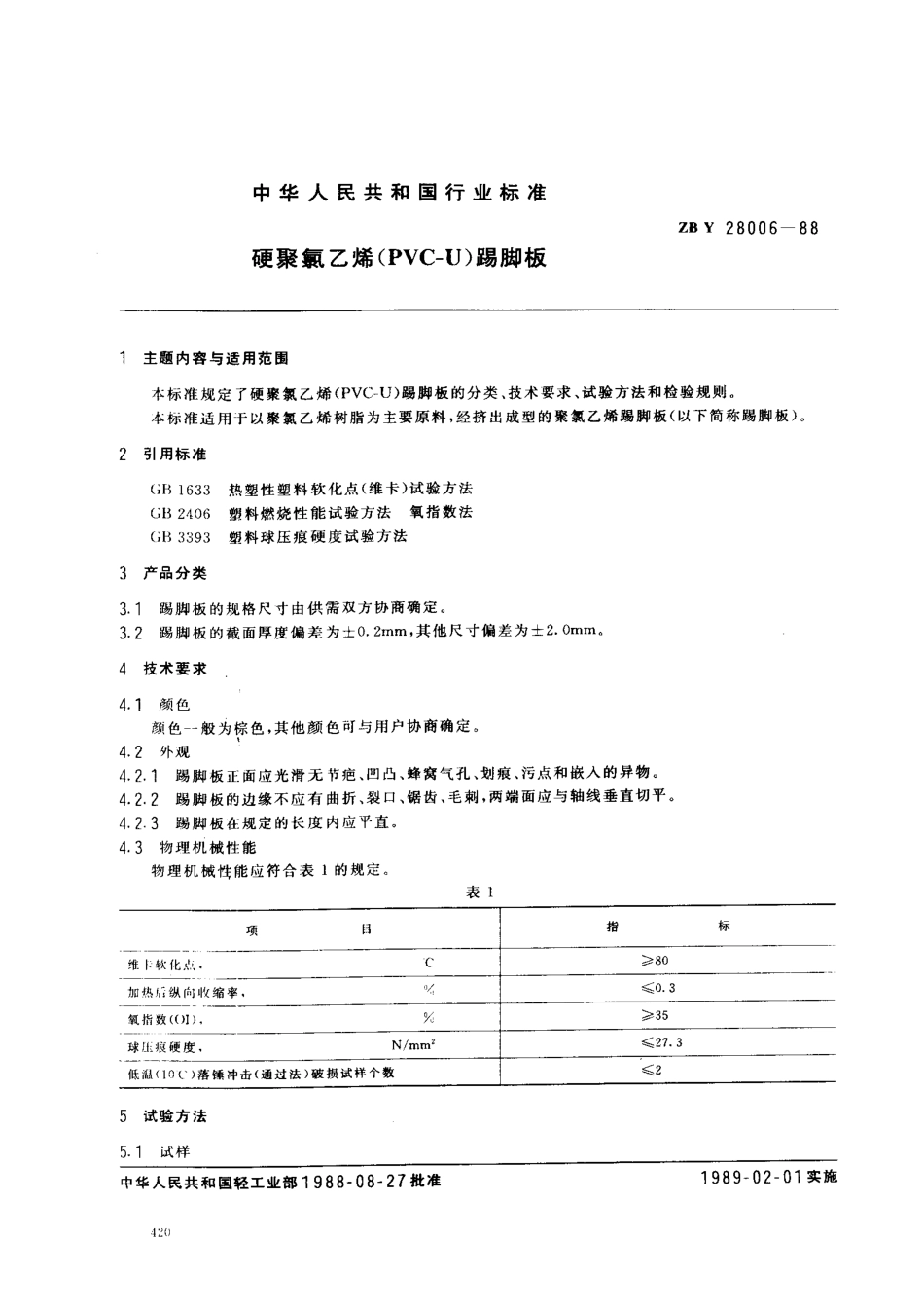 ZBY 28006-1988 硬聚氯乙(PVC-U)踢脚板.pdf_第1页